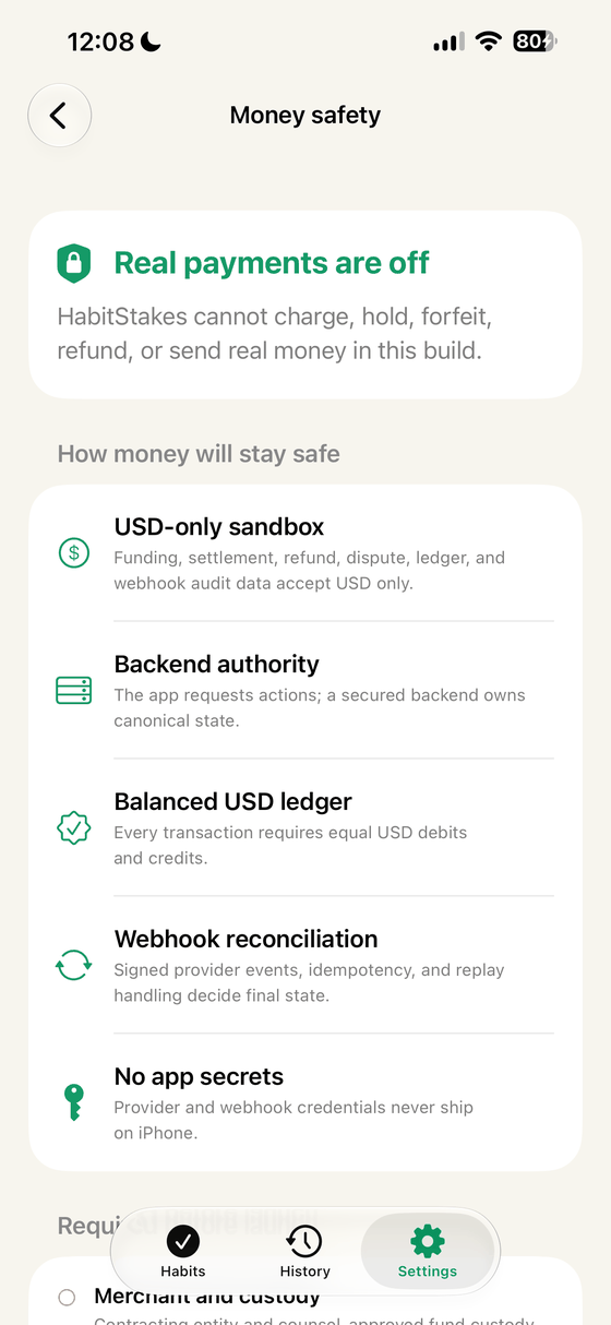 Money safety screen headed “Real payments are off”, explaining that HabitStakes cannot charge, hold, forfeit, refund, or send real money in this build.
