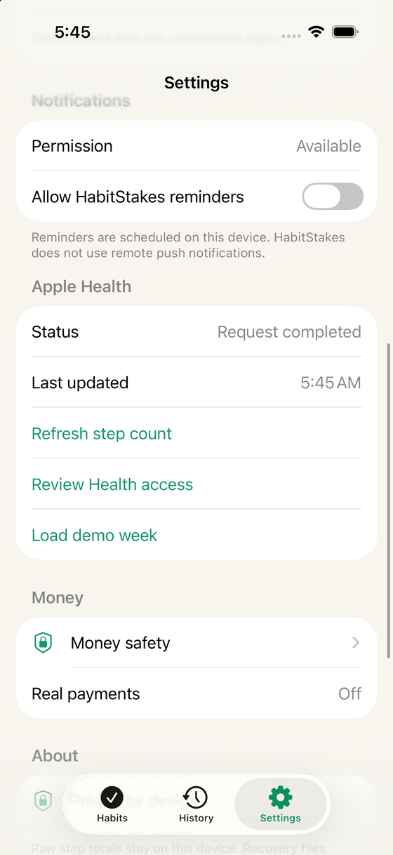 Settings screen showing notification permission and reminder toggle, Apple Health status with refresh and review access actions, and a Money section showing Real payments Off.