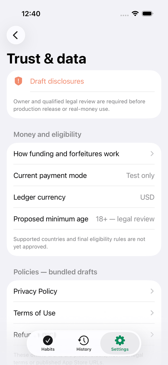 Trust and data screen listing payment mode Test only, ledger currency USD, proposed minimum age 18 plus, and bundled policy documents.